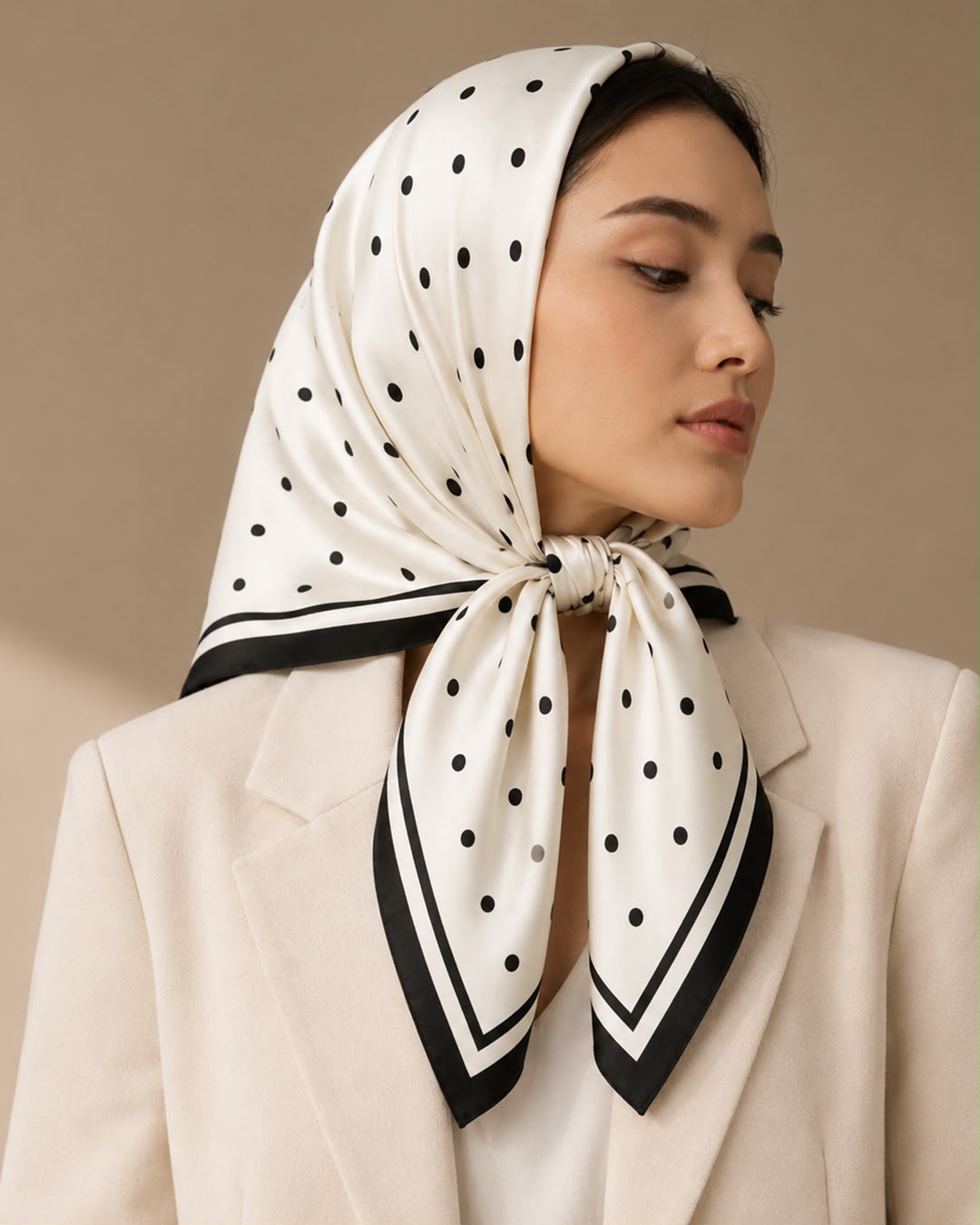 Foulard en satin noué en carré de tête, pointe dans le dos
