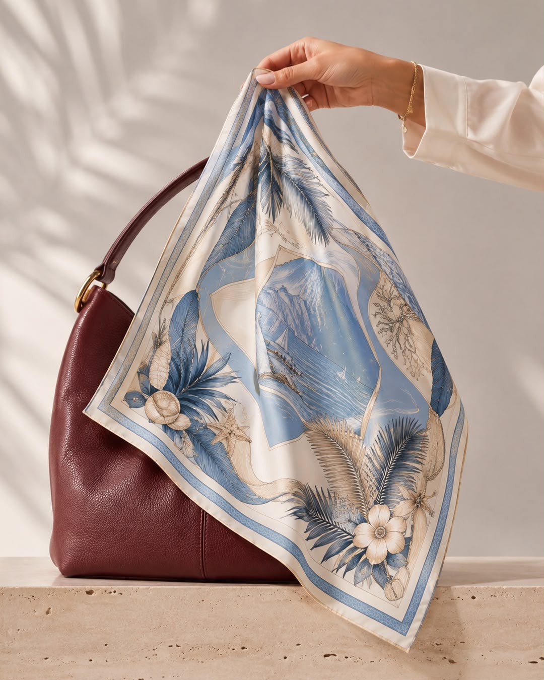 Foulard en satin noué sur l'anse d'un sac à main