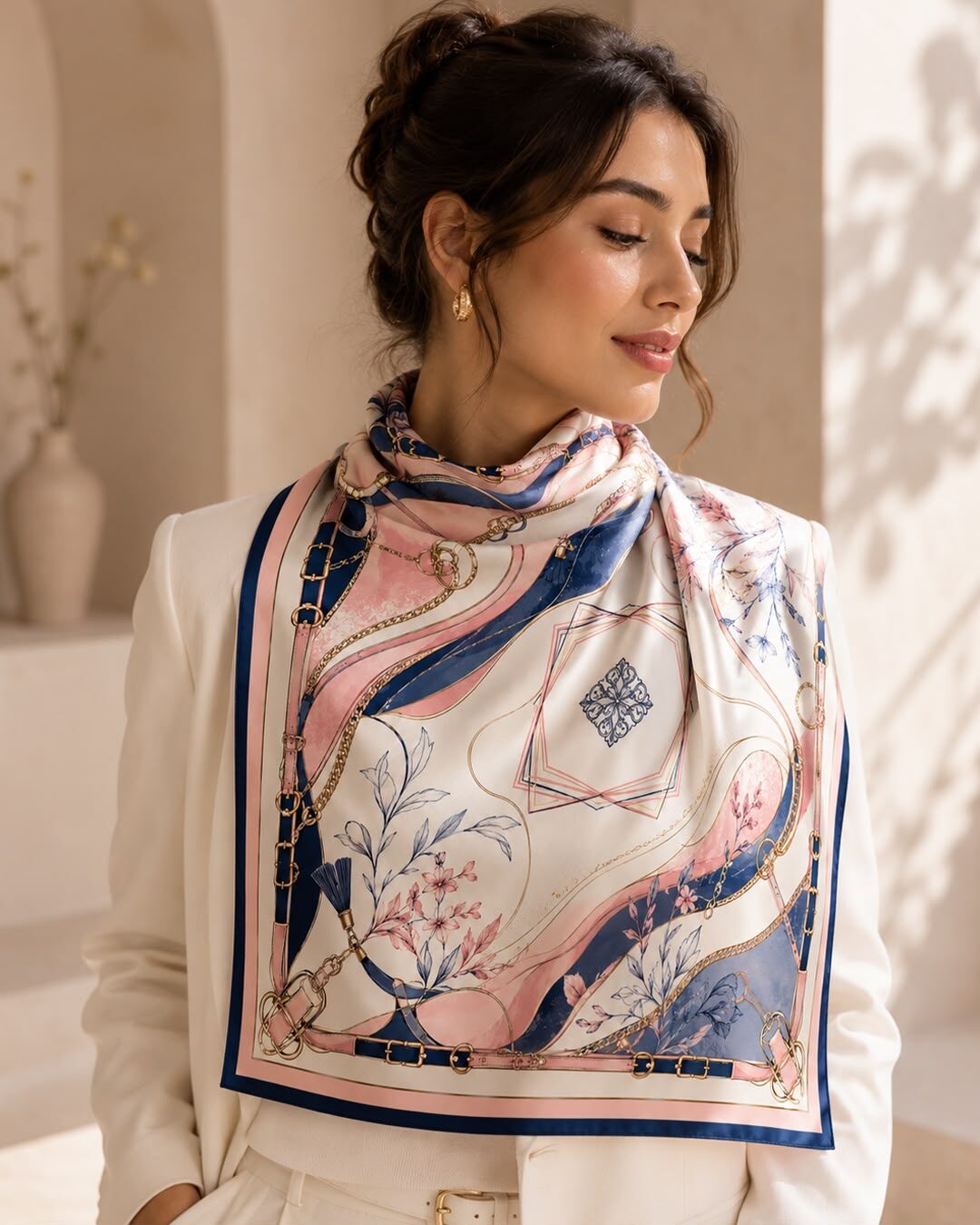 Foulard satin rose poudré aux chaînes dorées noué autour du cou