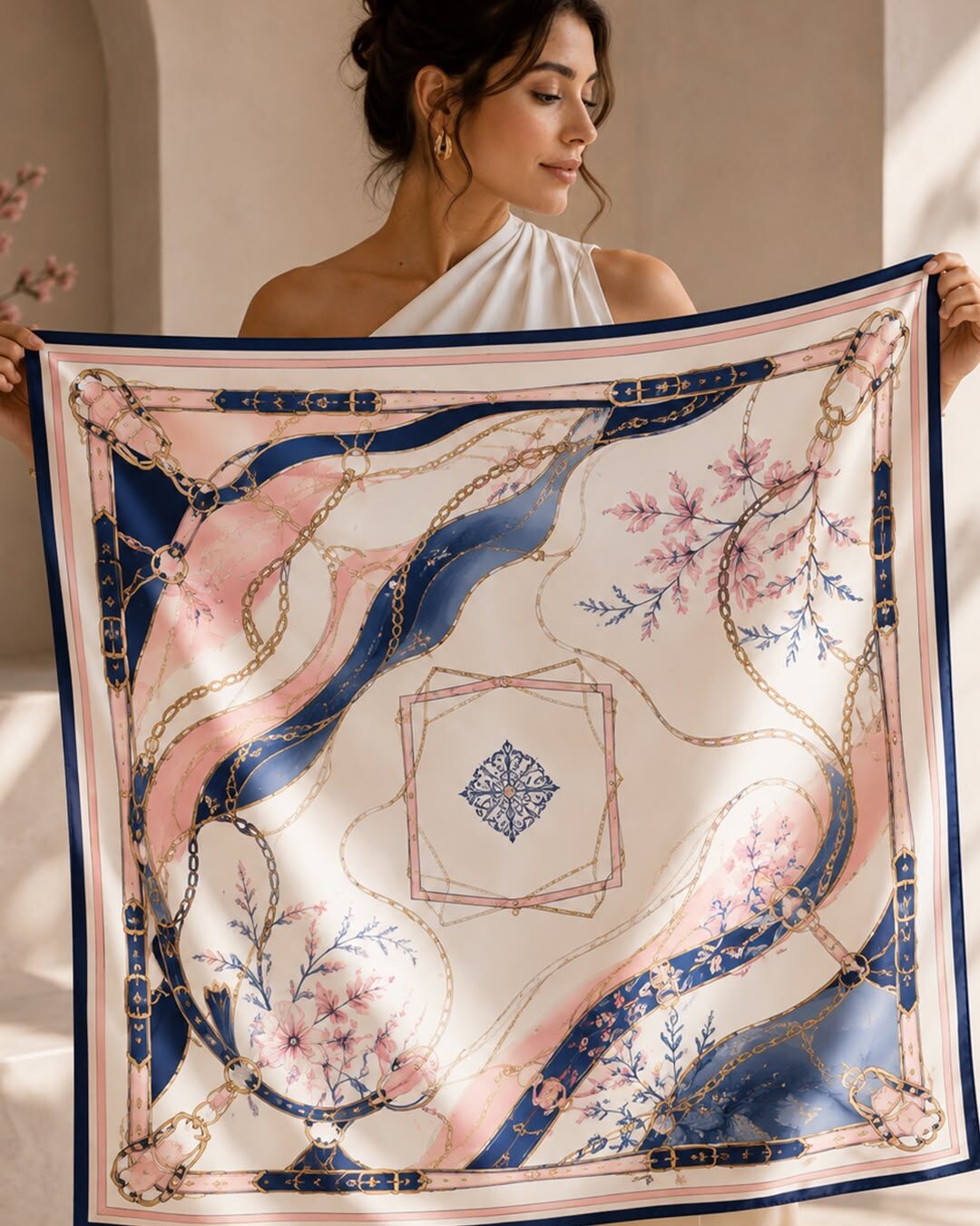 Foulard satin rose poudré tenu déplié à deux mains