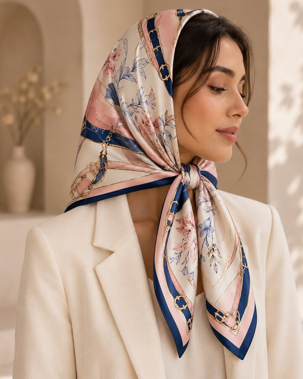 Foulard satin rose poudré noué sous le menton