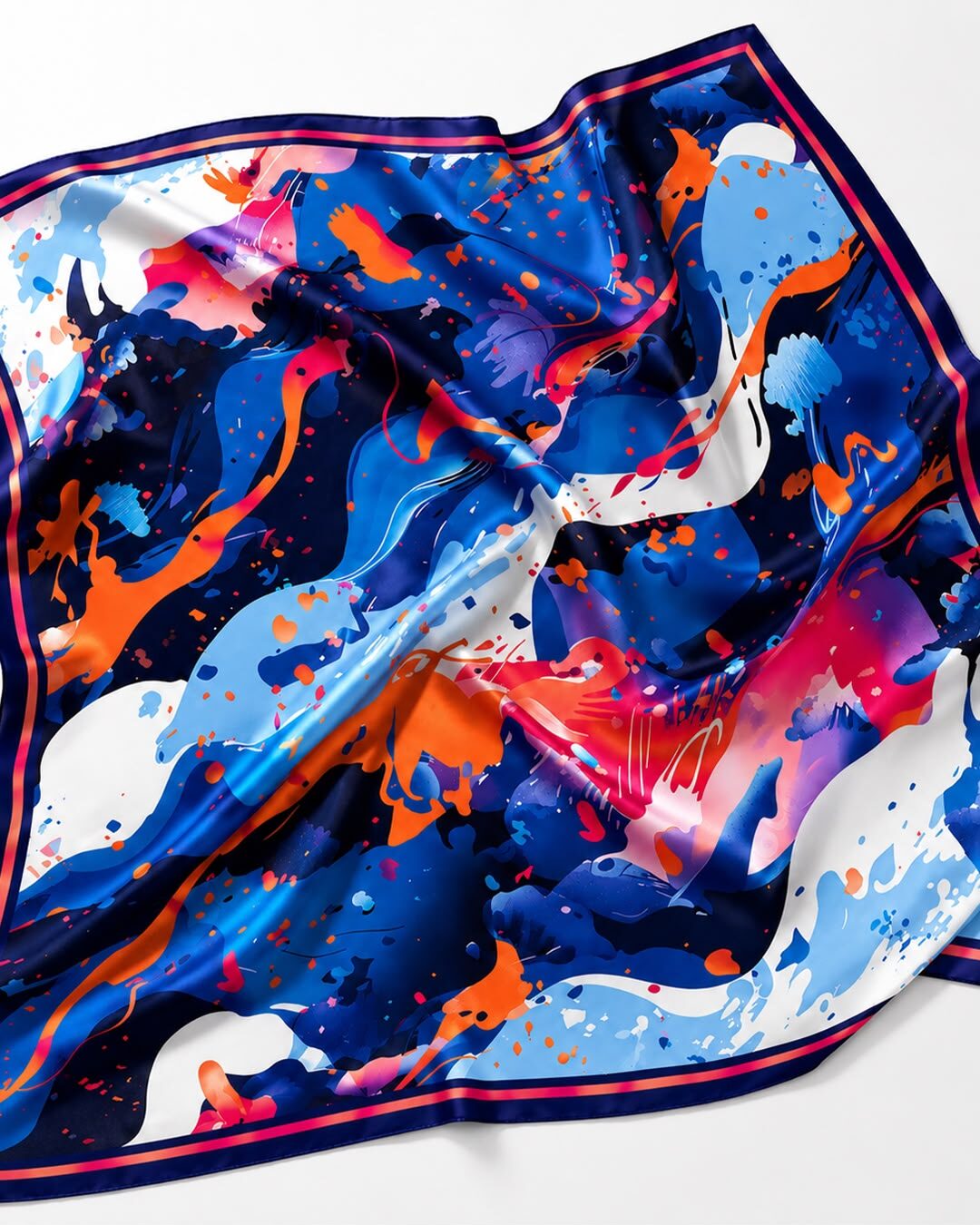 Texture du satin LUMA en gros plan, reflets souples sur motif bleu cobalt