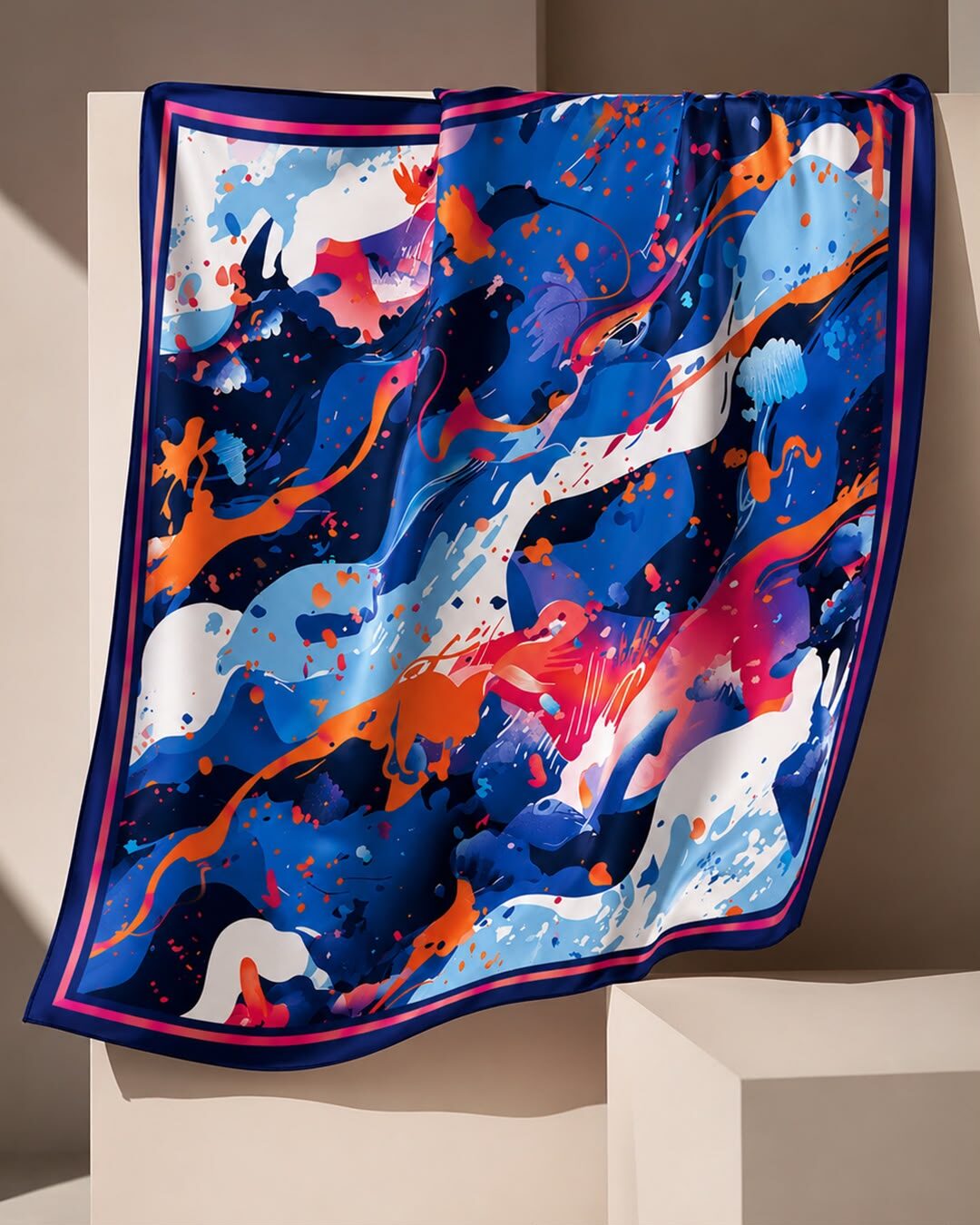 Foulard satin bleu cobalt posé sur un socle en pierre