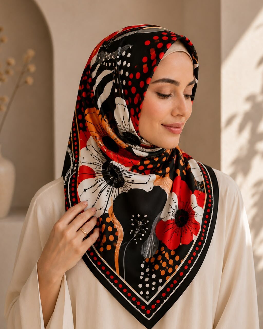 Foulard satin noir aux coquelicots porté en hijab