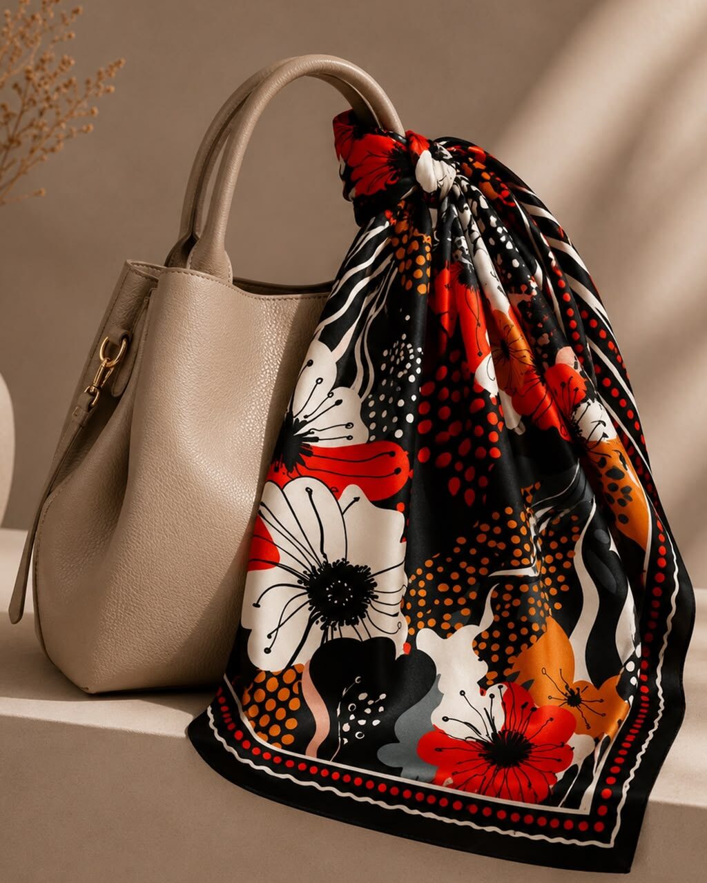 Foulard coquelicot noué sur une anse de sac