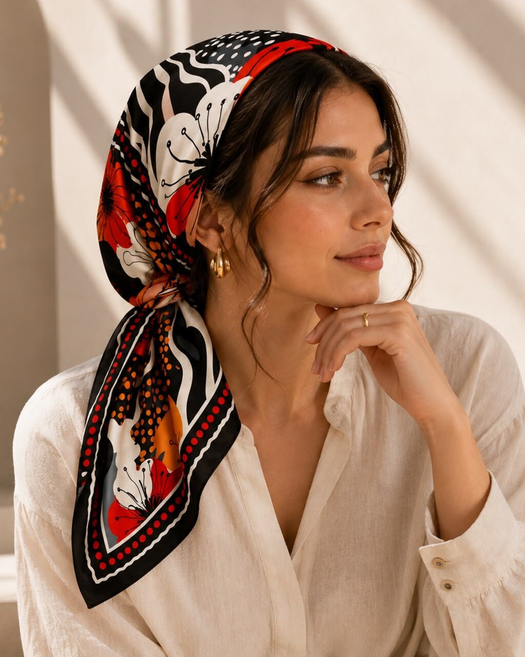Foulard satin noir aux coquelicots rouges porté en carré de tête
