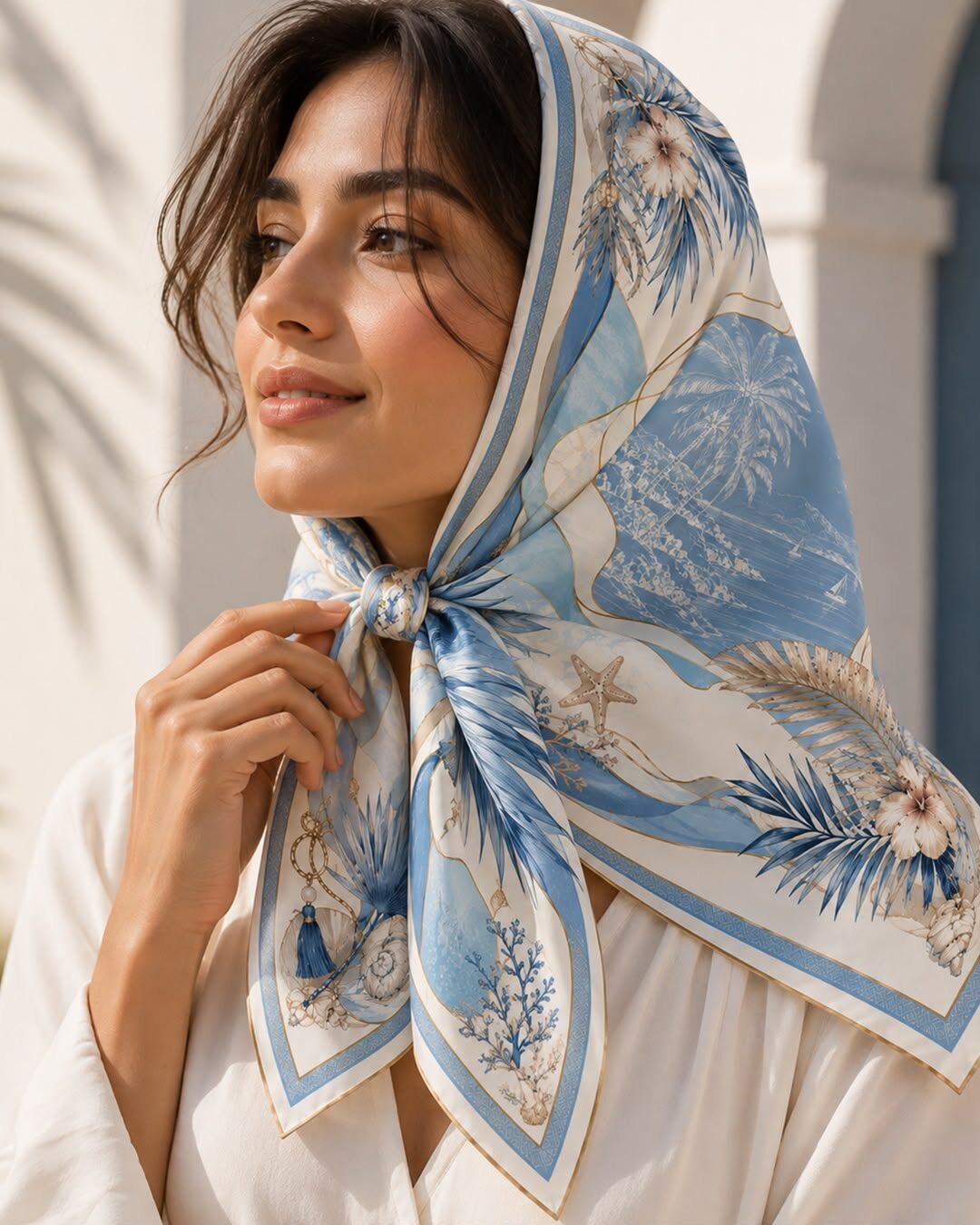 Foulard satin bleu ciel au paysage côtier porté en carré de tête