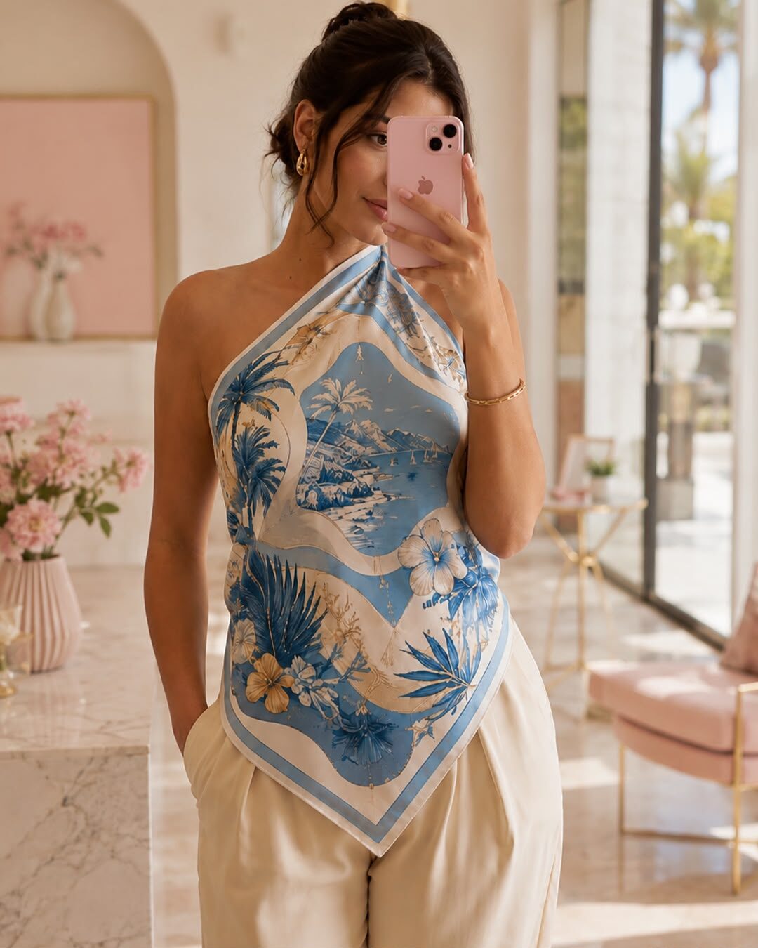 Foulard satin bleu ciel porté en top asymétrique