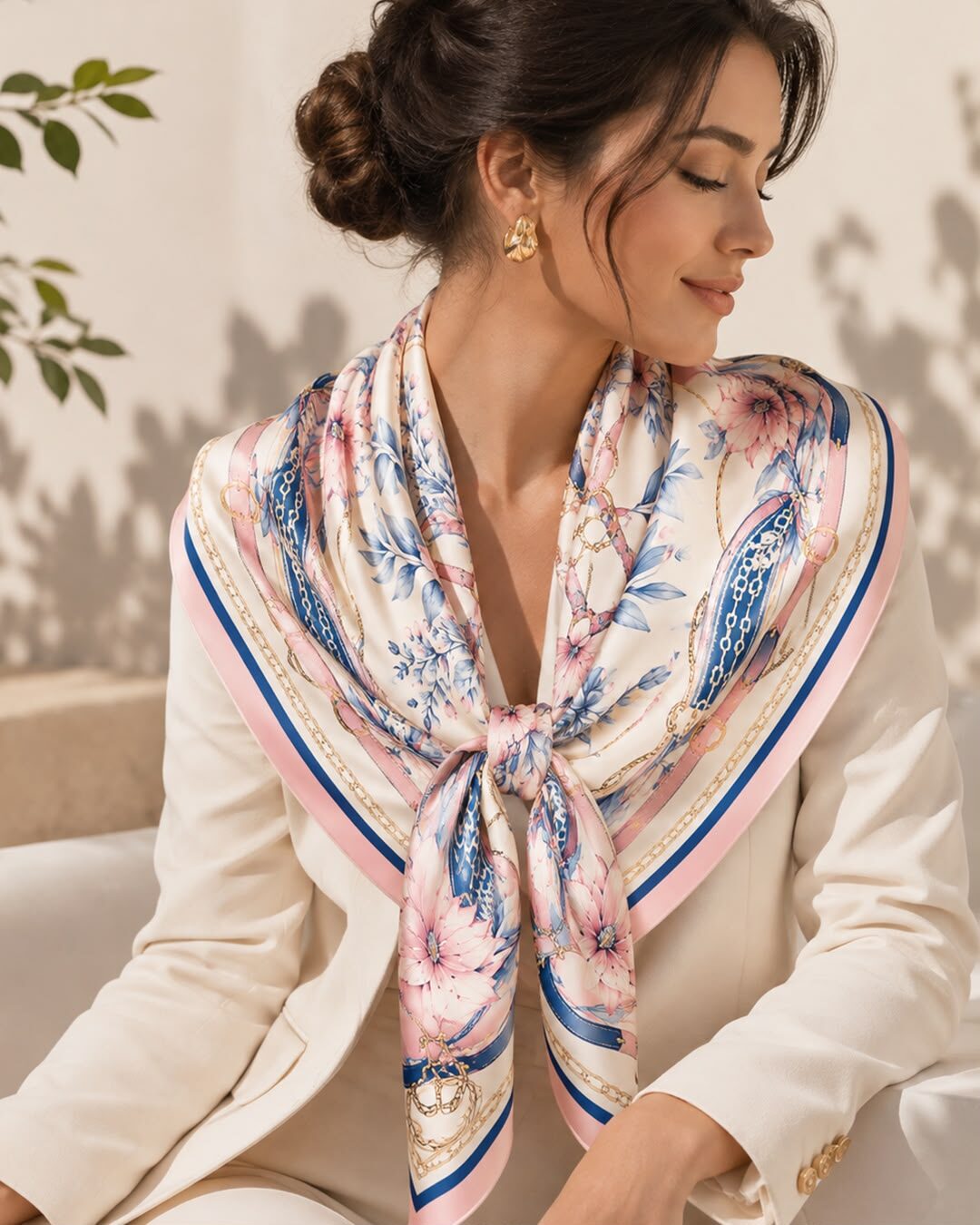 Foulard satin au médaillon fleuri rose et bleu noué autour du cou
