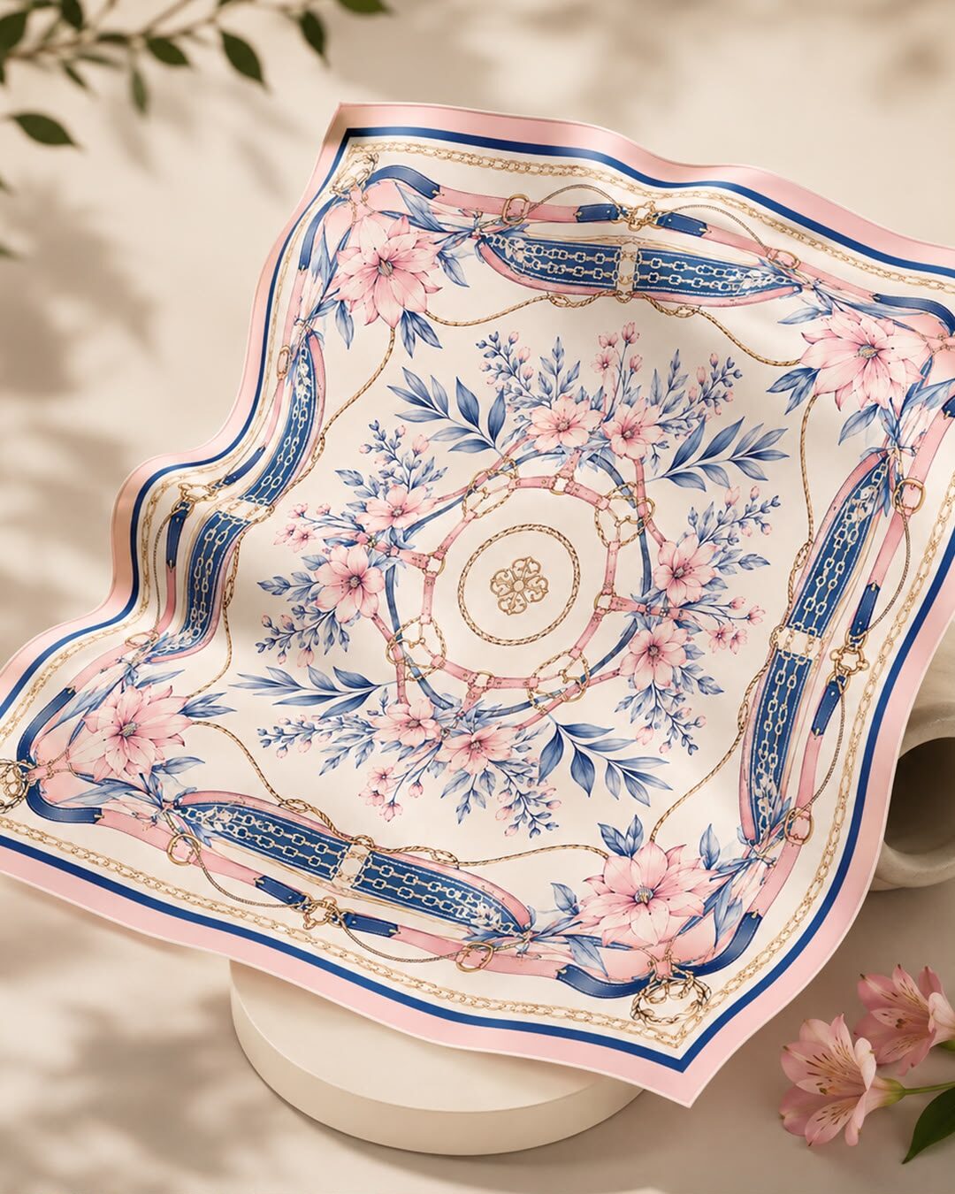 Foulard en satin LUMA au motif médaillon fleuri, drapé sur un présentoir