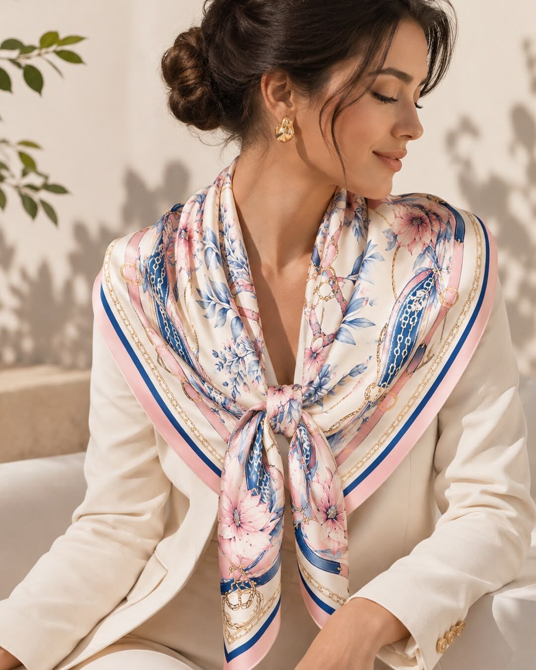 Foulard au médaillon fleuri porté ouvert sur les épaules