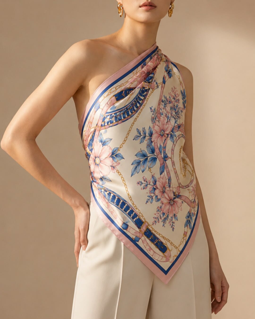 Foulard satin au médaillon fleuri porté en top noué à l'épaule