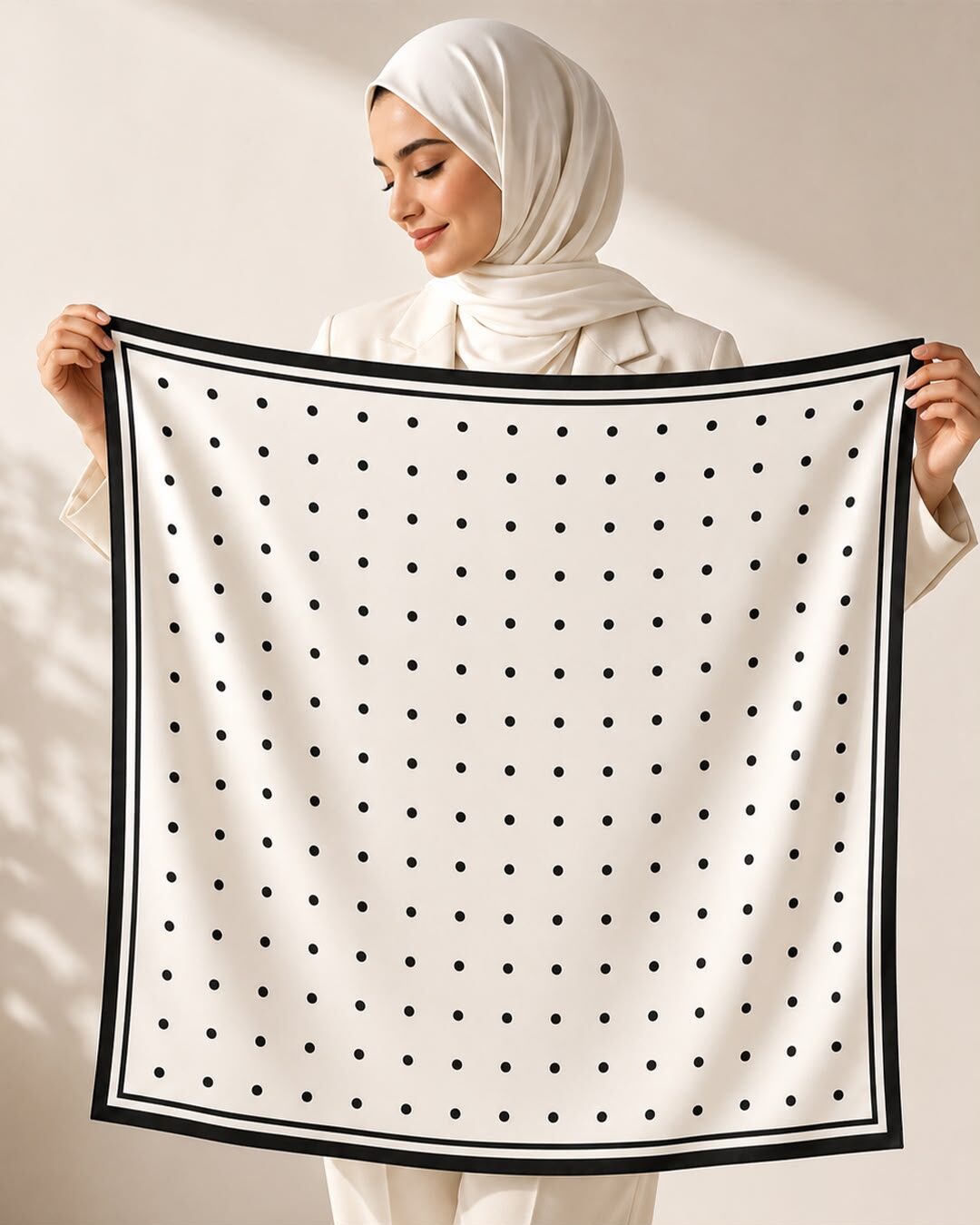 Foulard ivoire à pois tenu déplié