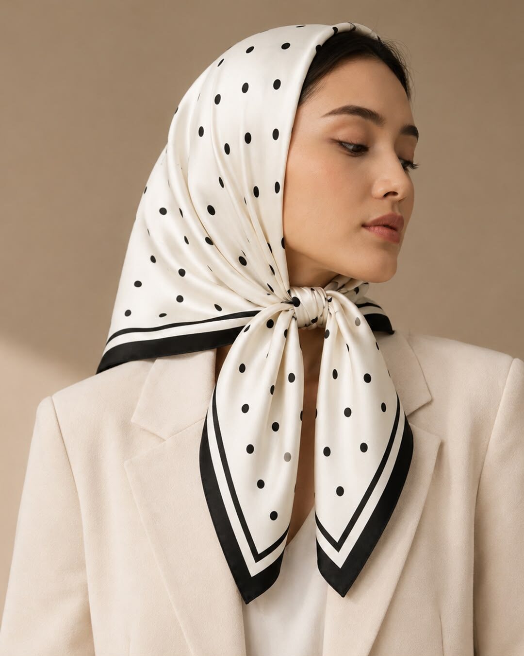 Foulard satin ivoire à pois noirs porté en carré de tête